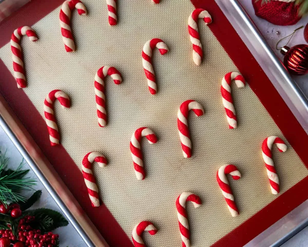 Red and white candy cane shaped Christmas cookies