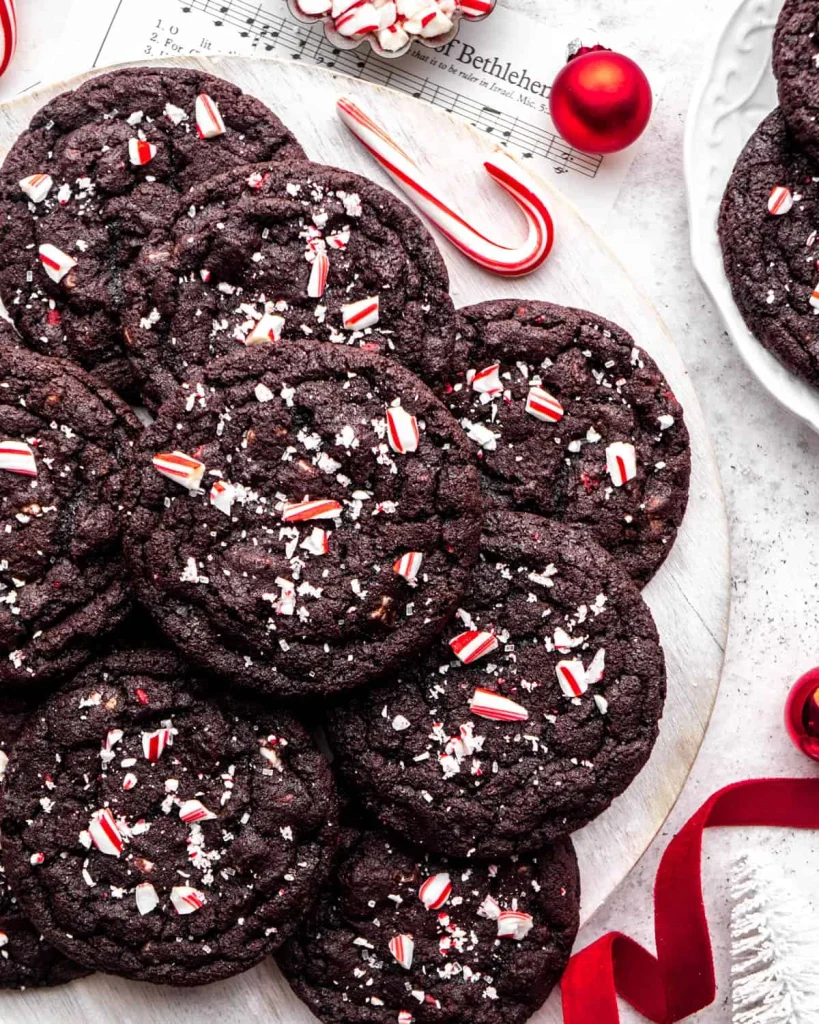 Chocolate peppermint cookies topped with crushed candy cane pieces