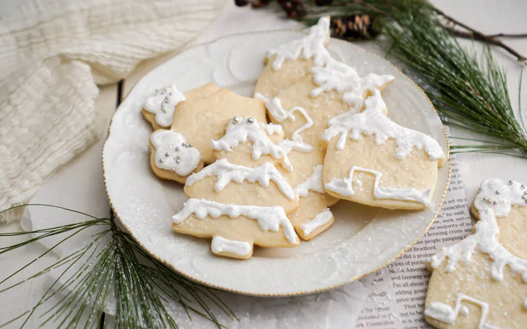 Classic Christmas sugar cookies decorated with festive icing