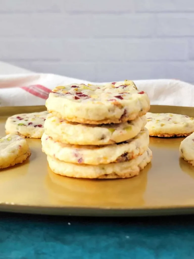 Cranberry pistachio shortbread cookies with chopped pistachios
