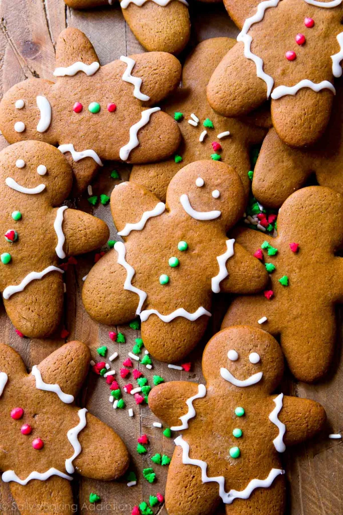 Homemade gingerbread cookies decorated with Christmas icing