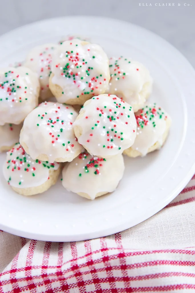 Colorful Italian Christmas cookies decorated with icing and sprinkles