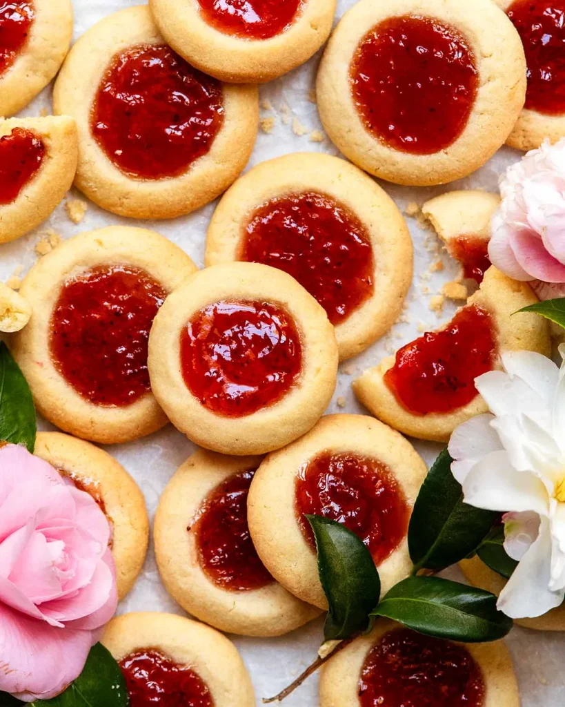 Jam thumbprint cookies filled with bright red fruit preserves