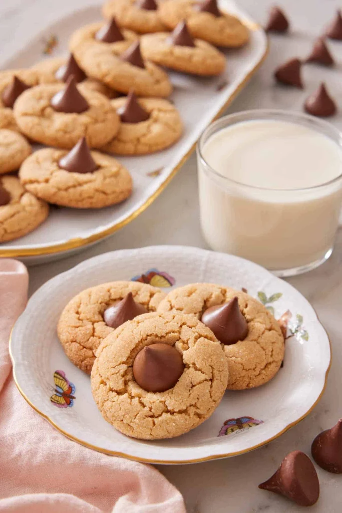 Peanut butter blossom cookies topped with chocolate candies