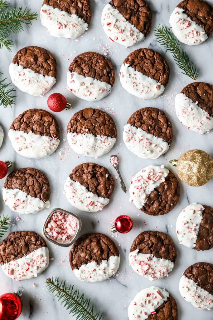 Chocolate peppermint bark cookies decorated with white chocolate and peppermint