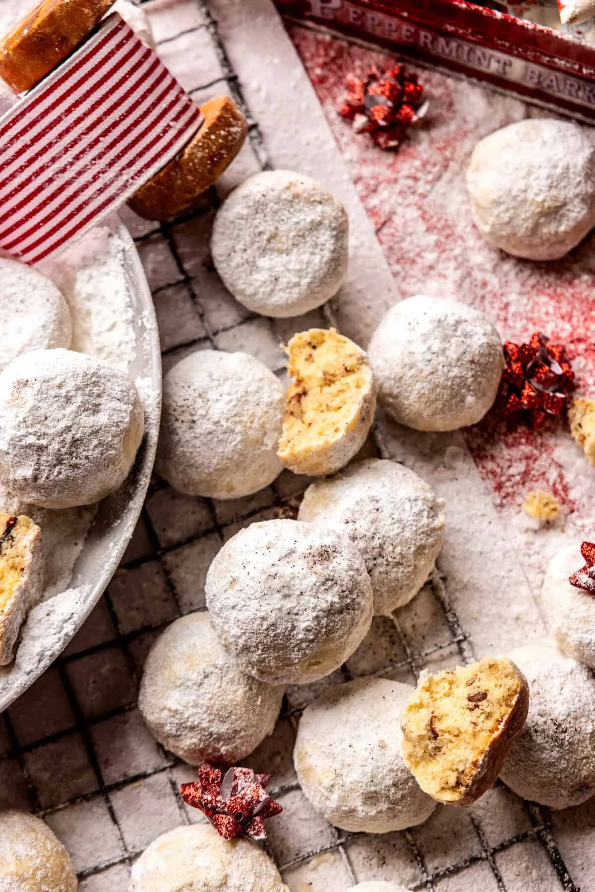 Powdered sugar snowball cookies arranged for Christmas