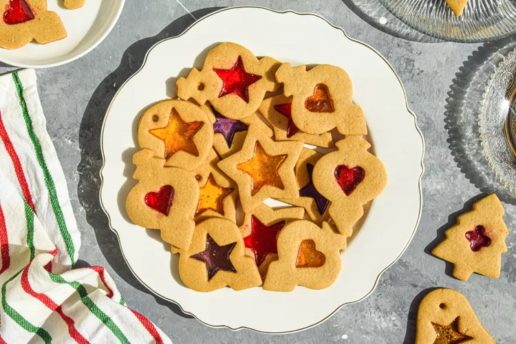 Stained glass Christmas cookies with colorful candy centers