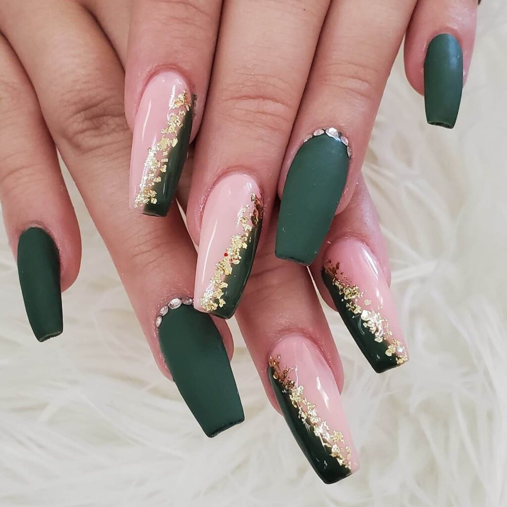 A stunning collection of green nail designs, featuring neon green nails, dark green stiletto nails, and mint green manicures.