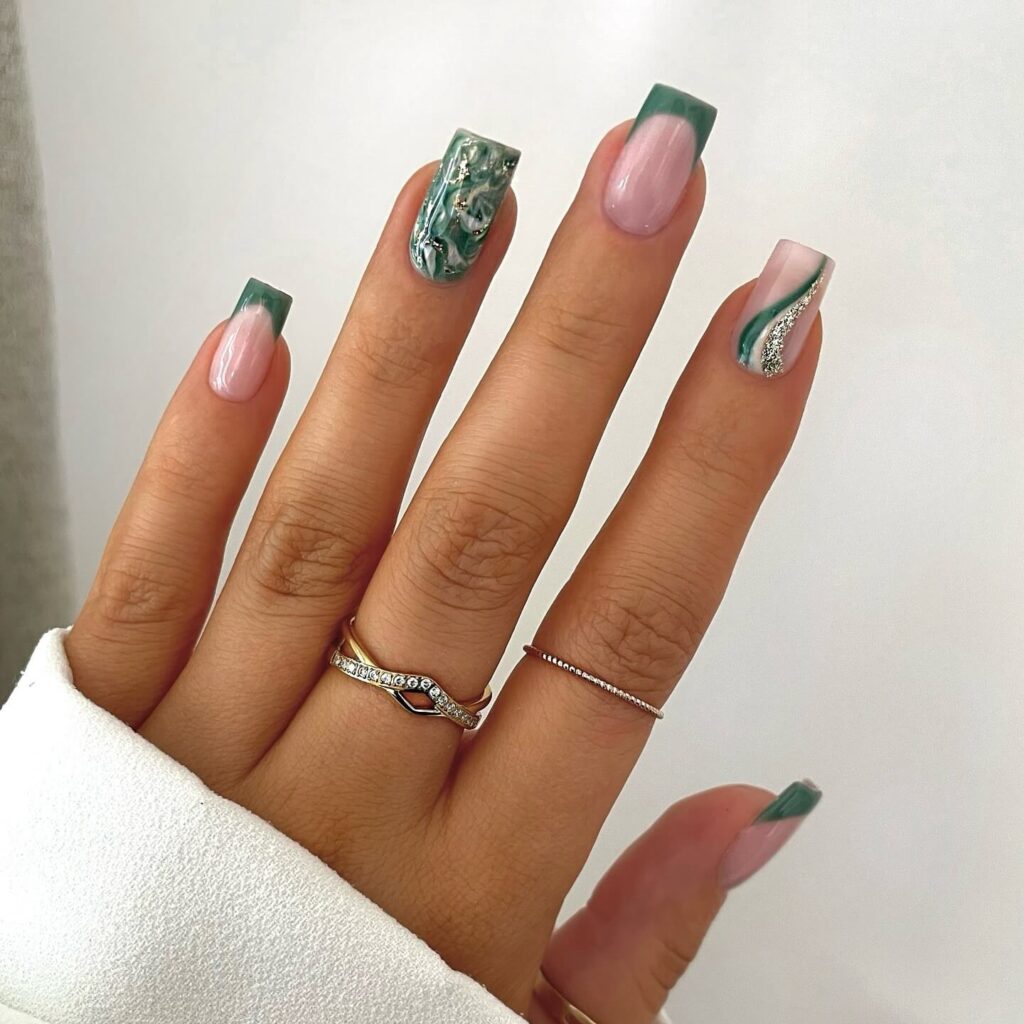 A stunning collection of green nail designs, featuring neon green nails, dark green stiletto nails, and mint green manicures.