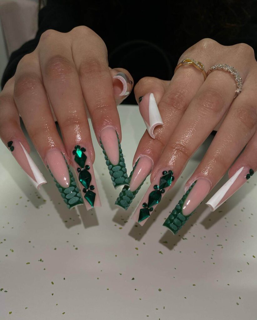 A stunning collection of green nail designs, featuring neon green nails, dark green stiletto nails, and mint green manicures.