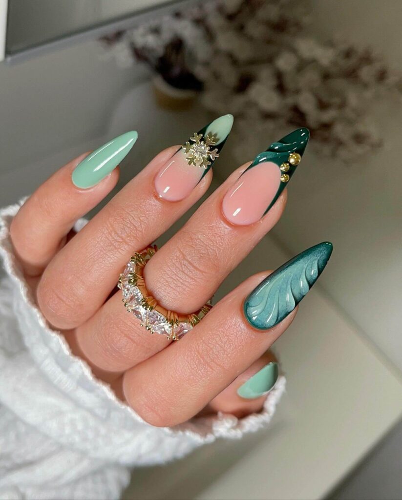 A stunning collection of green nail designs, featuring neon green nails, dark green stiletto nails, and mint green manicures.