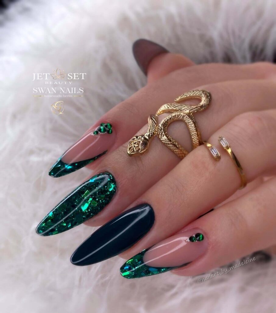 A stunning collection of green nail designs, featuring neon green nails, dark green stiletto nails, and mint green manicures.