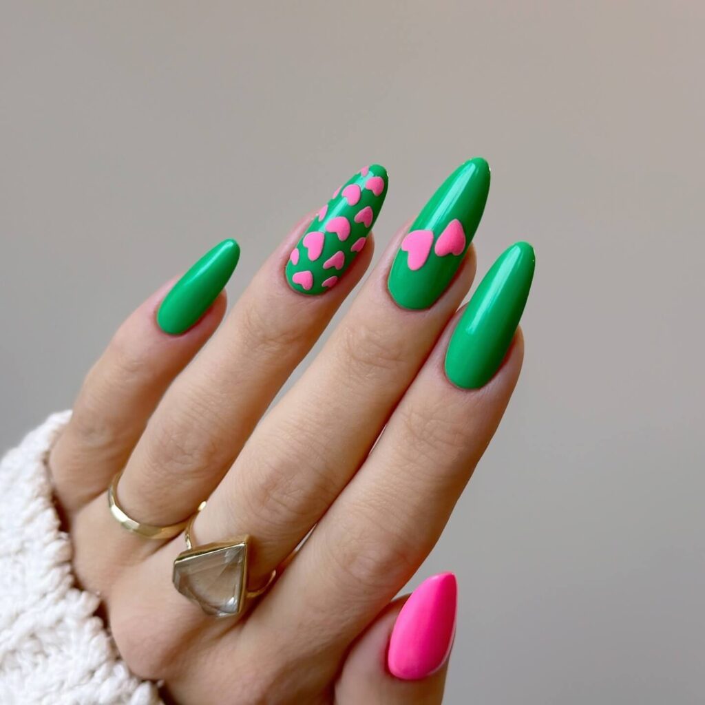 A stunning collection of green nail designs, featuring neon green nails, dark green stiletto nails, and mint green manicures.