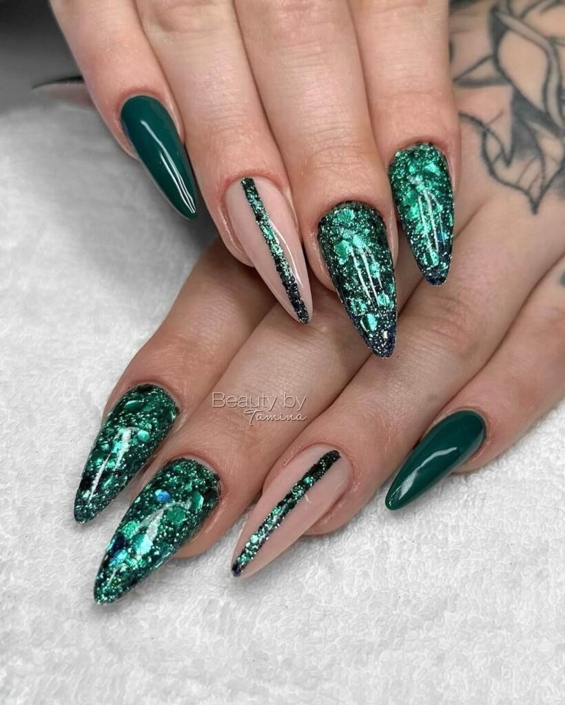 A stunning collection of green nail designs, featuring neon green nails, dark green stiletto nails, and mint green manicures.