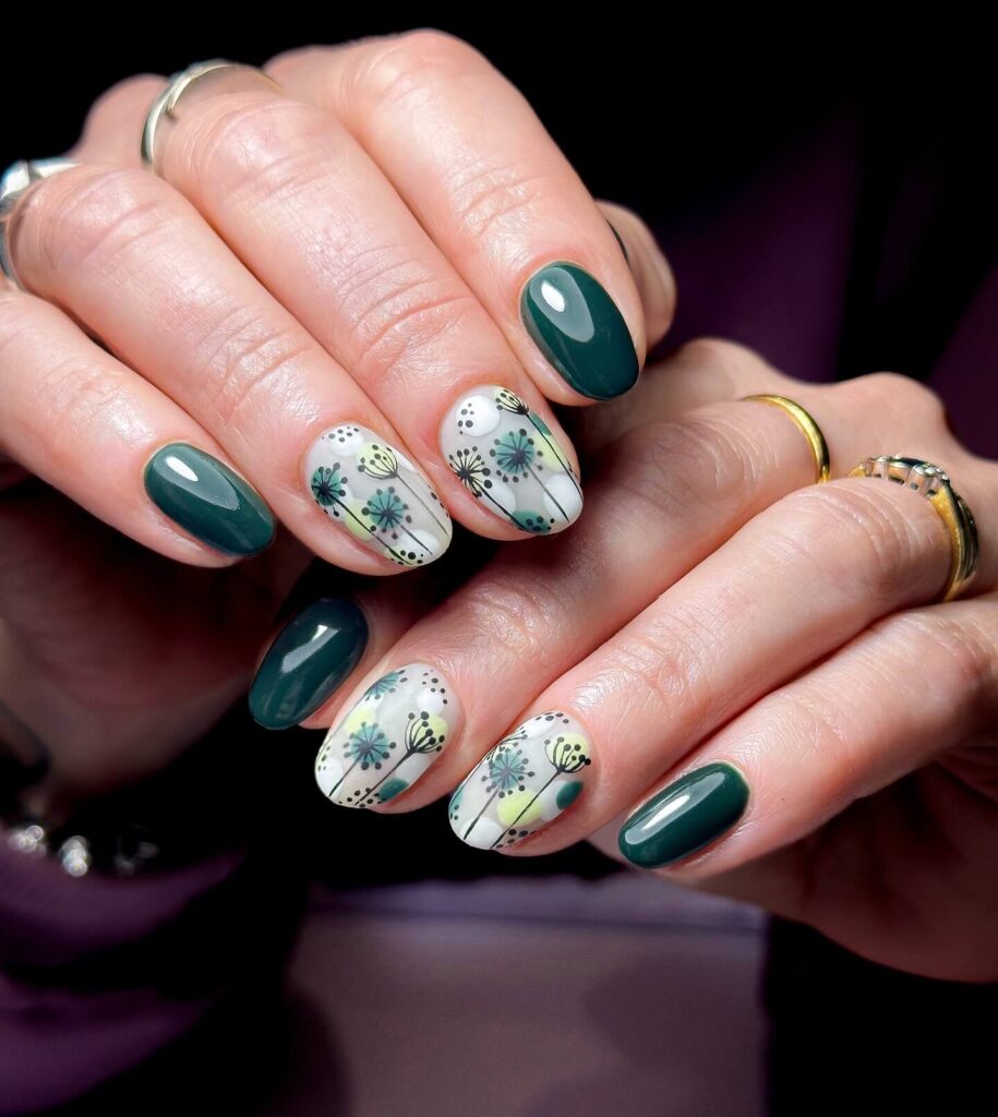 A stunning collection of green nail designs, featuring neon green nails, dark green stiletto nails, and mint green manicures.