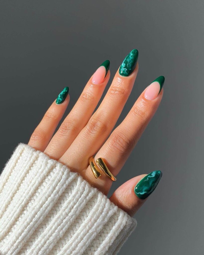 A stunning collection of green nail designs, featuring neon green nails, dark green stiletto nails, and mint green manicures.

