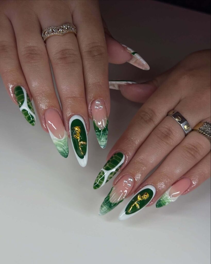 A stunning collection of green nail designs, featuring neon green nails, dark green stiletto nails, and mint green manicures.