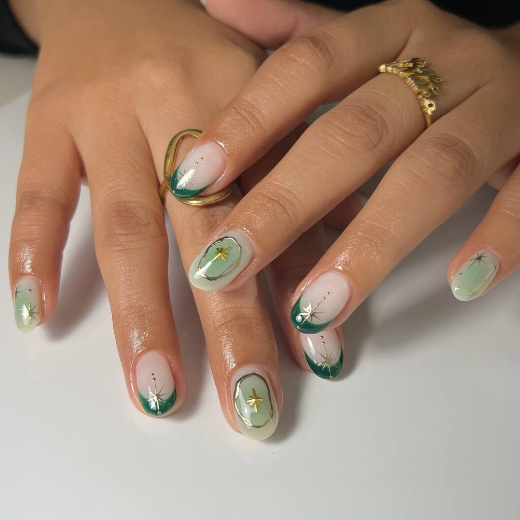 A stunning collection of green nail designs, featuring neon green nails, dark green stiletto nails, and mint green manicures.