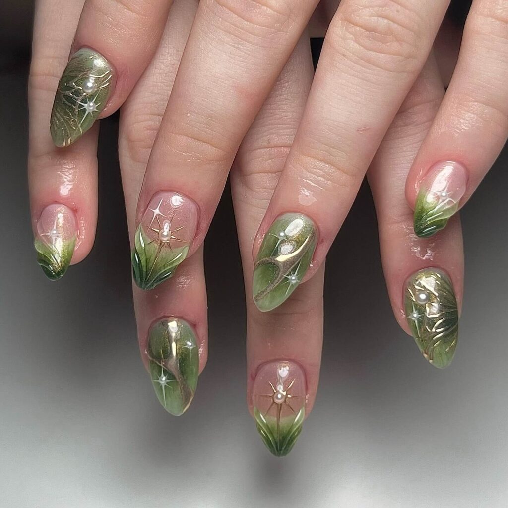 A stunning collection of green nail designs, featuring neon green nails, dark green stiletto nails, and mint green manicures.