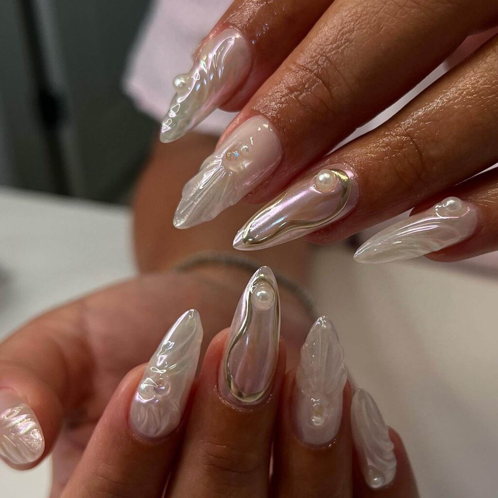 Elegant pearl nails featuring natural to acrylic designs, explore pearl nails for weddings, proms, and formal occasions.