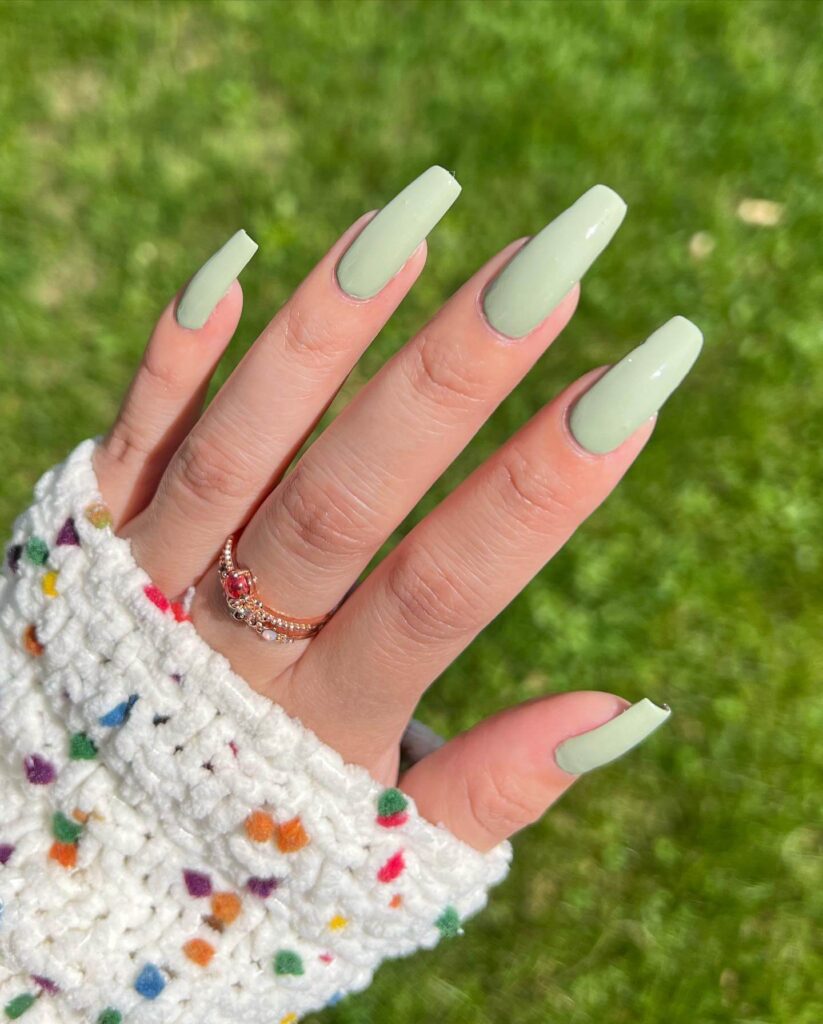 Freshly painted sage green nails with a minimalist design. This muted green nail polish trend is perfect for a subtle, nature-inspired manicure.